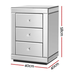 Bedside Table 3 Drawers Mirrored X2 - PRESIA Silver